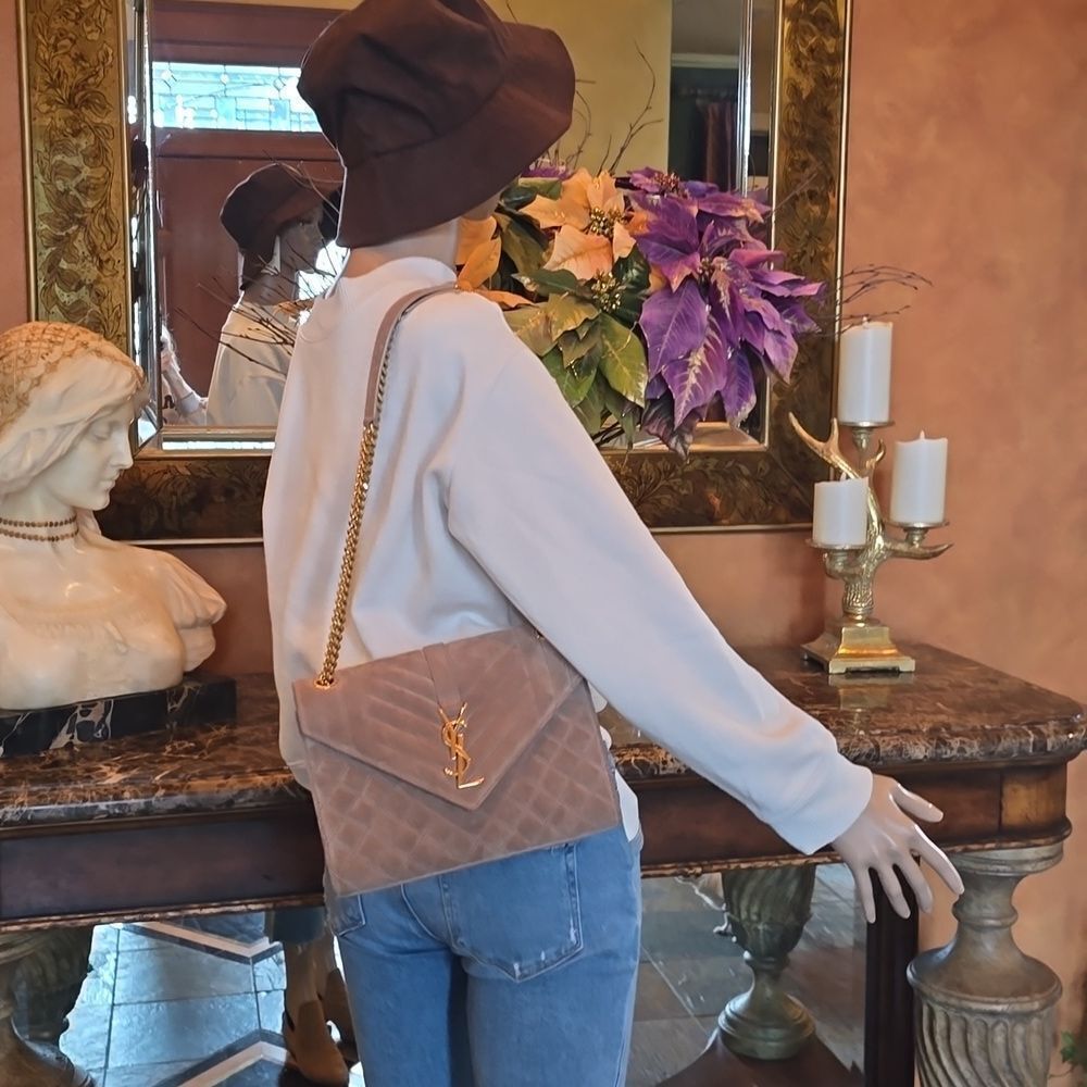 Yves Saint Laurent Tan  Quilted Suede Crossbody Envelope Bag, NWOT - Picture 12 of 16